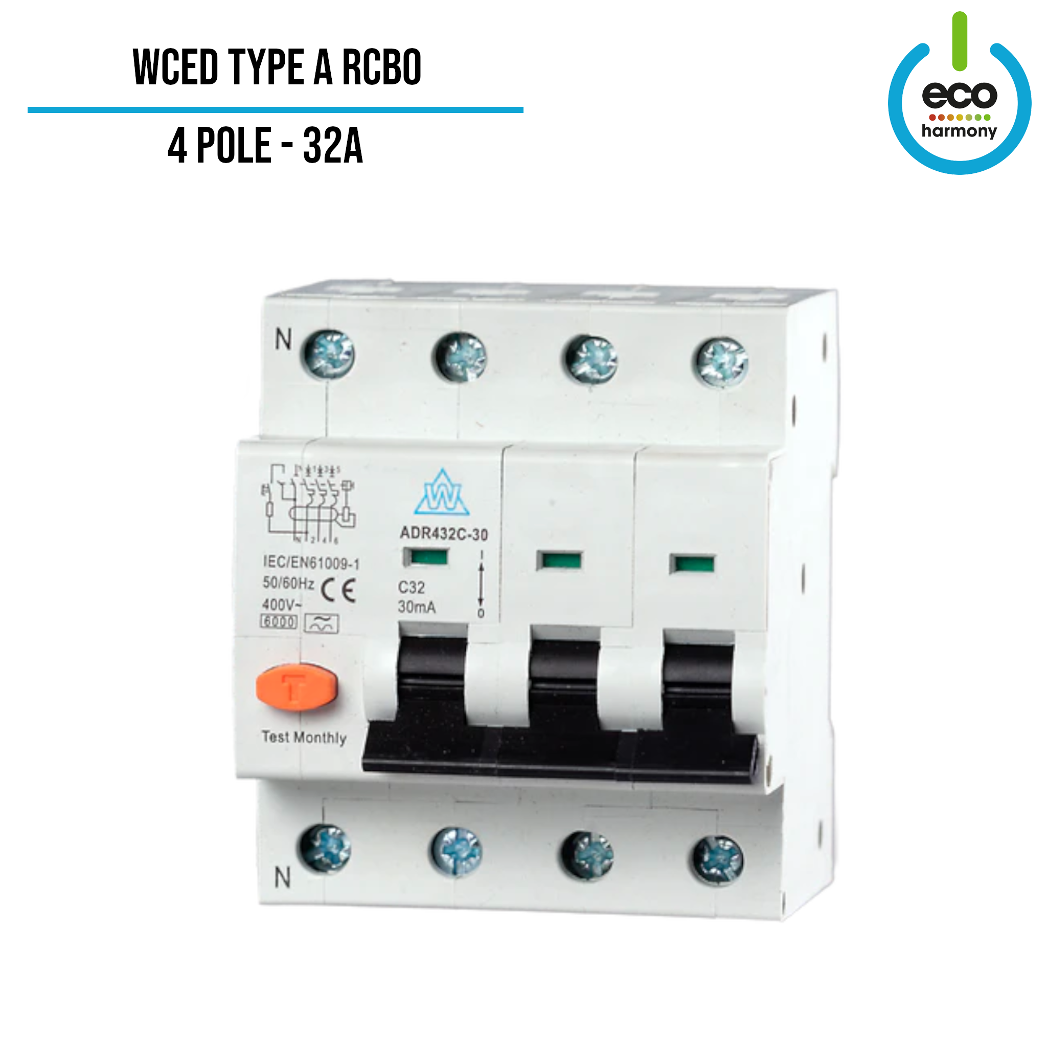 WCED 40 or 32A 4-Pole 30mA Type A RCBO (Type A RCCB, C Curve MCB)