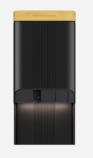 Home EV charger pedestal with black front and wooden lid detail