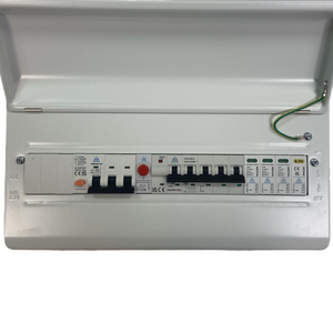 IP40 consumer unit populated with MCBs, RCBOs, and protective devices installed
