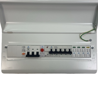 IP40 consumer unit populated with MCBs, RCBOs, and protective devices installed
