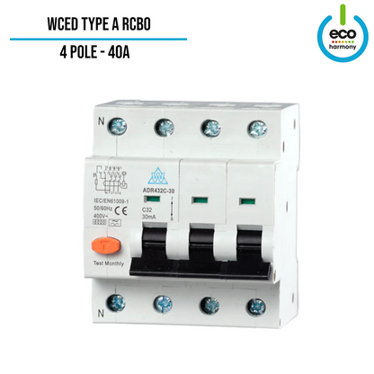 WCED 40 or 32A 4-Pole 30mA Type A RCBO (Type A RCCB, C Curve MCB)