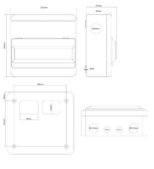 WCED empty IP40 steel enclosure interior with DIN rail and neutral earth terminal bars installed. Wireframe Diagram