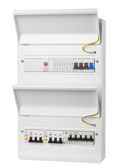 Double-height IP40 consumer unit prepopulated with MCBs, RCBOs, and wiring mounted on DIN rails
