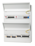 Double-height IP40 consumer unit open showing prepopulated protective devices and wiring layout
