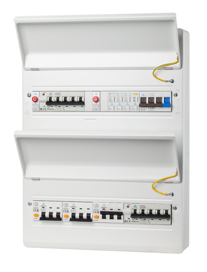 Double-height IP40 consumer unit open showing prepopulated protective devices and wiring layout
