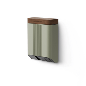 Simpson & Partners Home Plus 7 kW EV charger with Cotswold green front and walnut lid wall mounted smart home charging unit