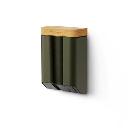 Simpson & Partners Home Plus 7 kW EV charger with goodwood green front and light oak lid wall mounted smart home charging unit