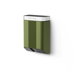 Simpson & Partners Home Plus 7 kW EV charger with kemble green front and mid oak lid wall mounted smart home charging unit