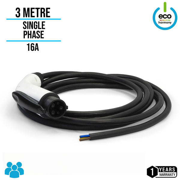 3 Metre Tethered Cable Type 1 16A Female EV Plug + Lead (1-Phase)