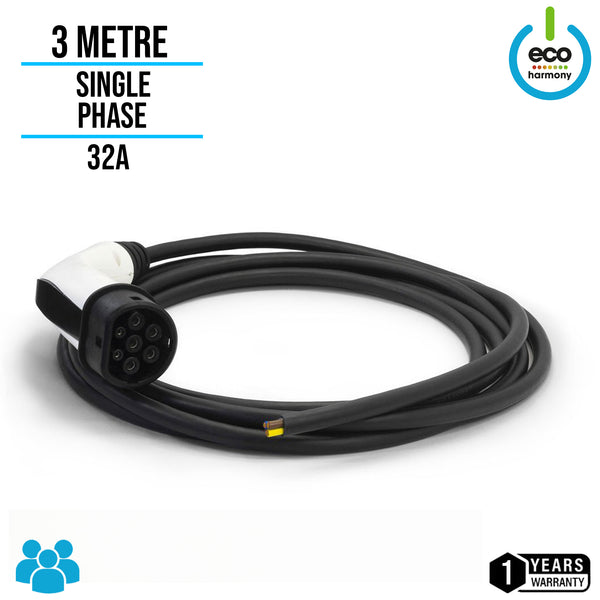 Tethered Cable 3 Metre Type 2 32A Female EV Plug + Lead 1-Phase