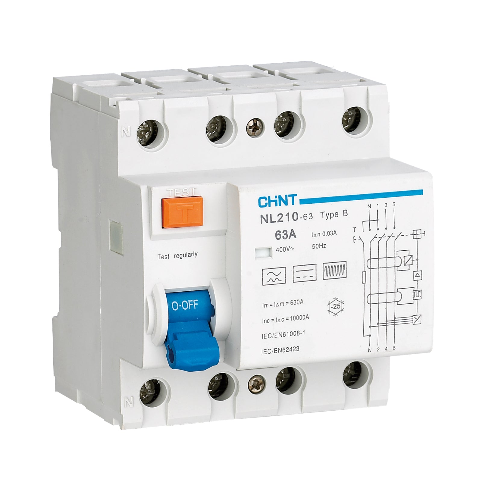 Chint 63A 4-Pole (3 phase + Neutral) 30mA Type B RCD