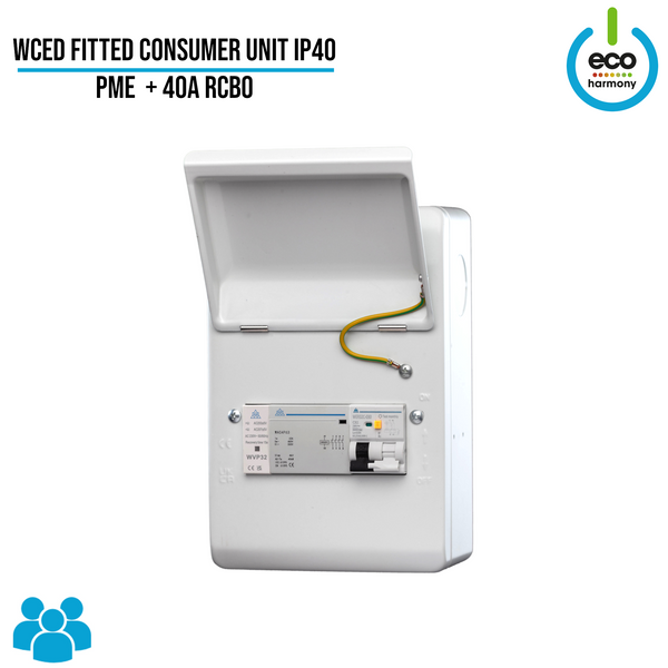 WCED Fitted Consumer Unit IP40 - PME + 40A RCBO + Surge Protection (Kwh meter + Load Balancing available)