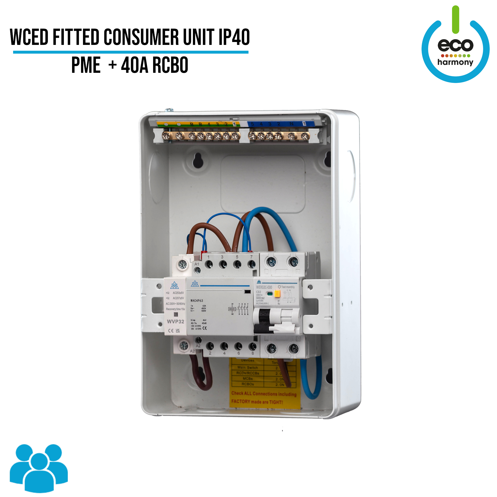 WCED Fitted Consumer Unit IP40 - PME + 40A RCBO + Surge Protection (Kw ...