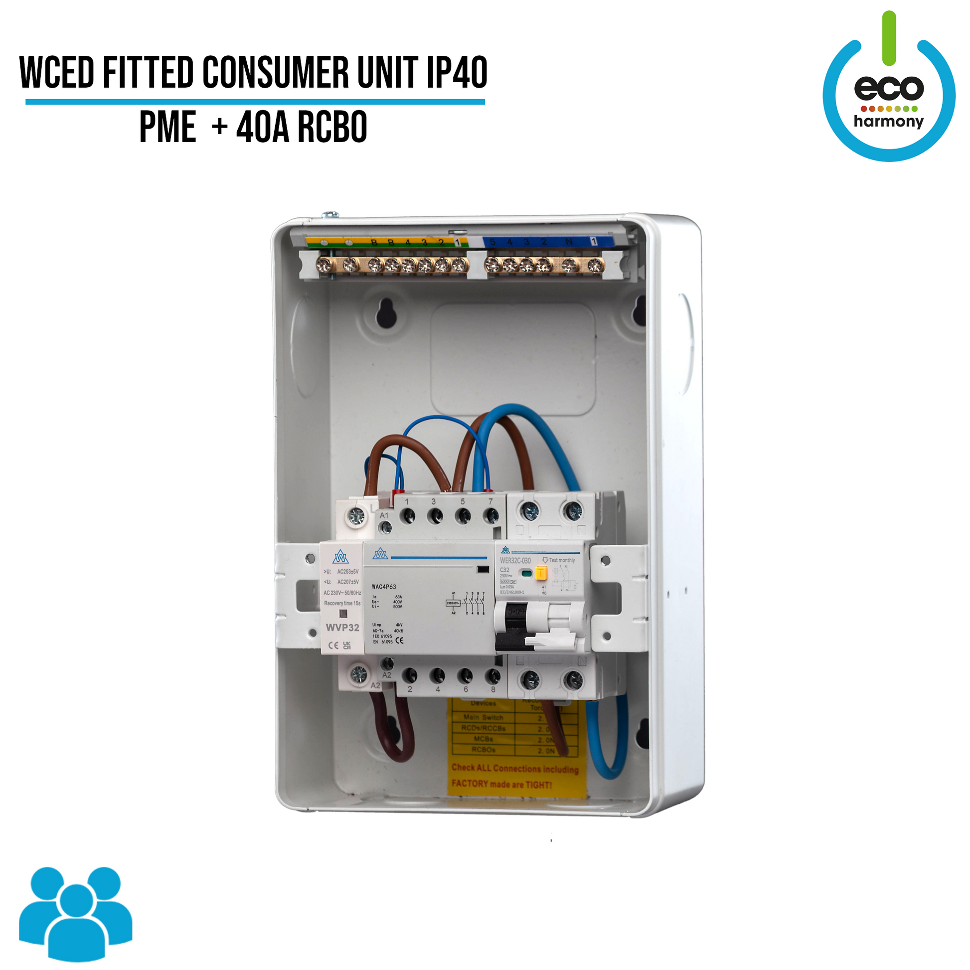 WCED Fitted Consumer Unit IP40 - PME + 40A RCBO + Surge Protection (Kwh meter + Load Balancing available)