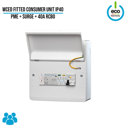 WCED Fitted Consumer Unit IP40 - PME + 40A RCBO + Surge Protection (Kwh meter + Load Balancing available)