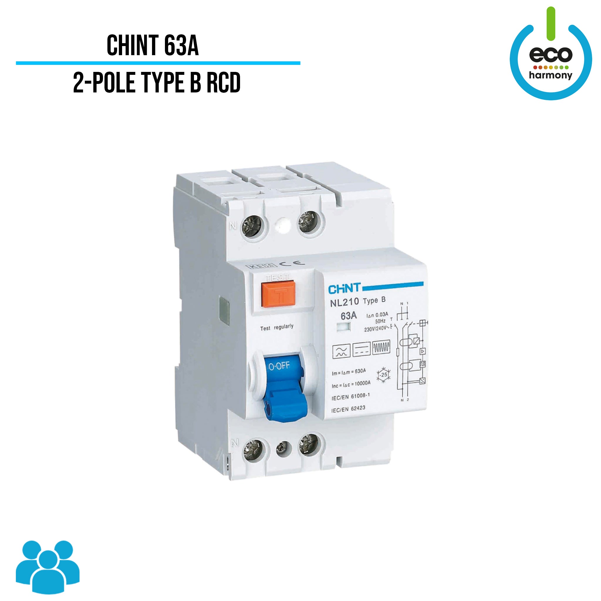 Chint 63A 2-Pole (1 phase + Neutral) 30mA Type B RCD