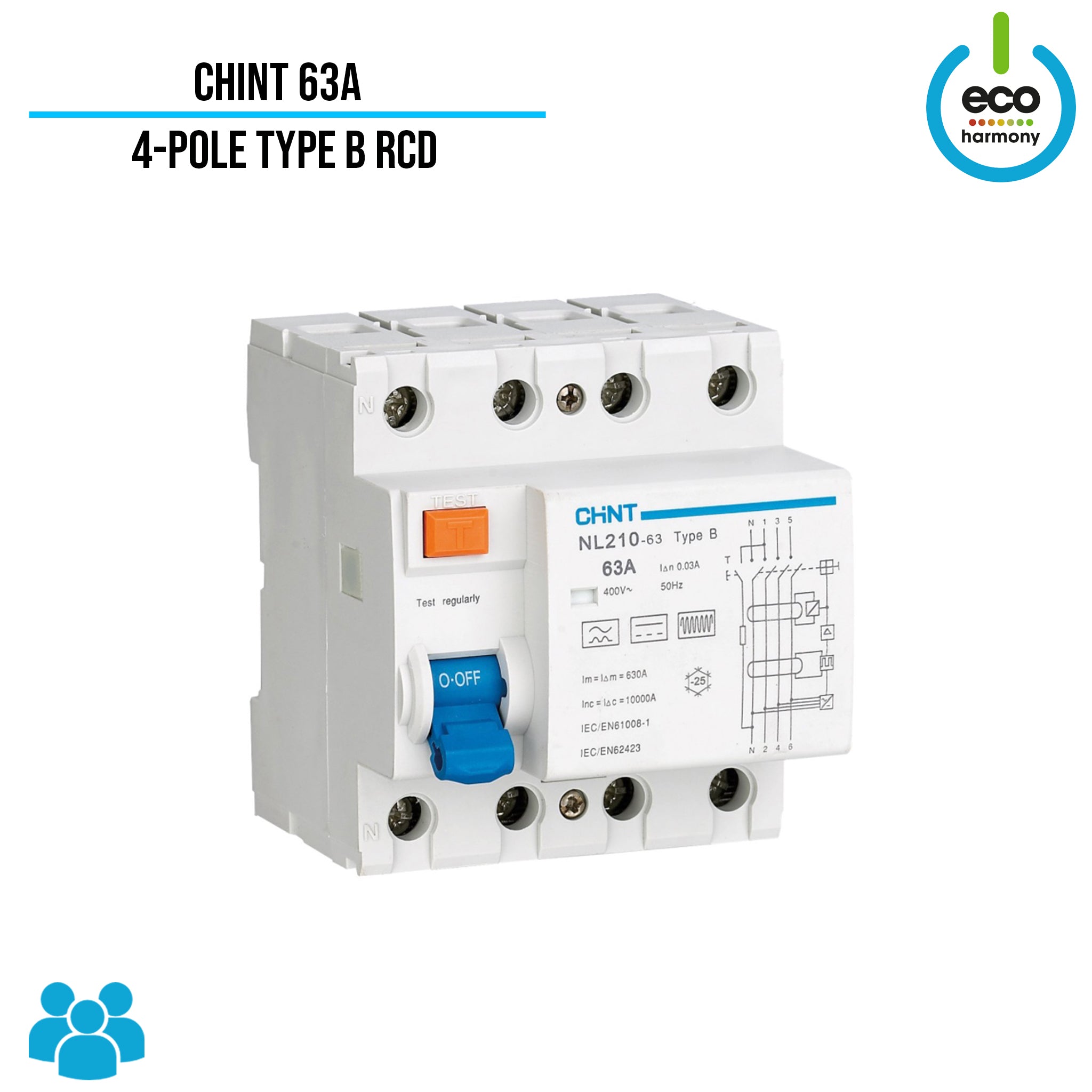 Chint 63A 4-Pole 3 phase + Neutral 30mA Type B RCD