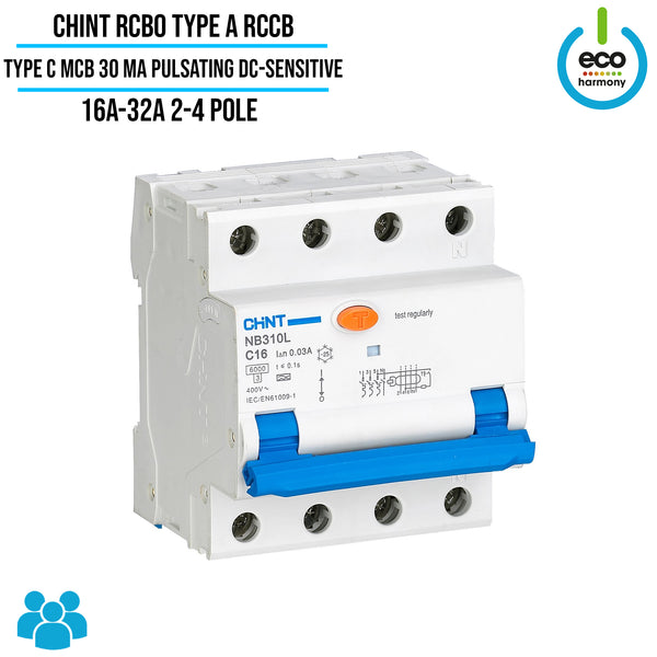 CHINT RCBO Type A RCCB, Type C MCB, 30mA pulsating DC-sensitive (16A or 32A, 2 Pole or 4 Pole Variants Available)
